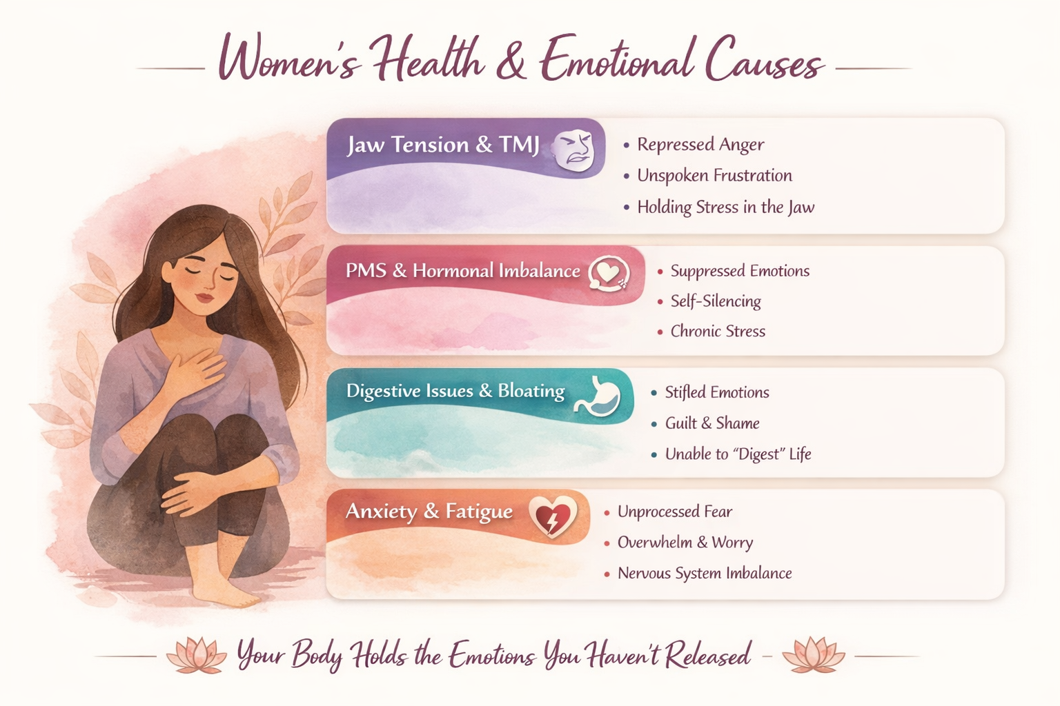 An infographic illustrating women's health and emotional causes, including jaw tension and TMJ, PMS and hormonal imbalance, digestive issues and bloating, and anxiety and fatigue, with an illustration of a woman sitting peacefully with her hand on her chest.