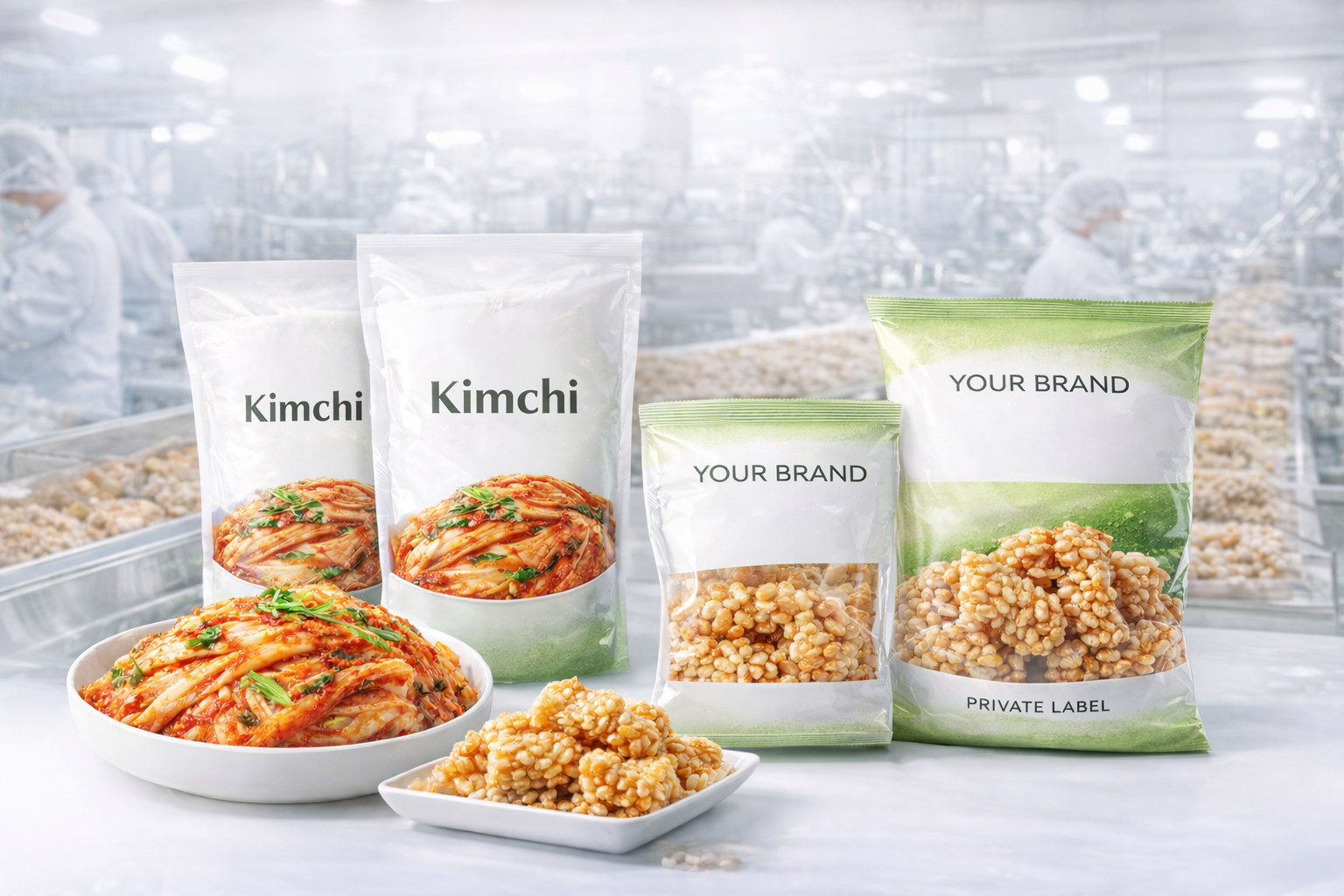 Food packaging and bowls of ready-to-eat kimchi and rice snacks on a white surface in a food production facility.