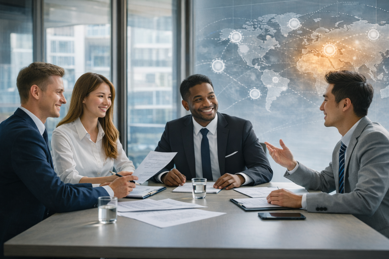Four business professionals sitting at a conference table having a meeting in a modern office with a city view and a digital world map overlay.