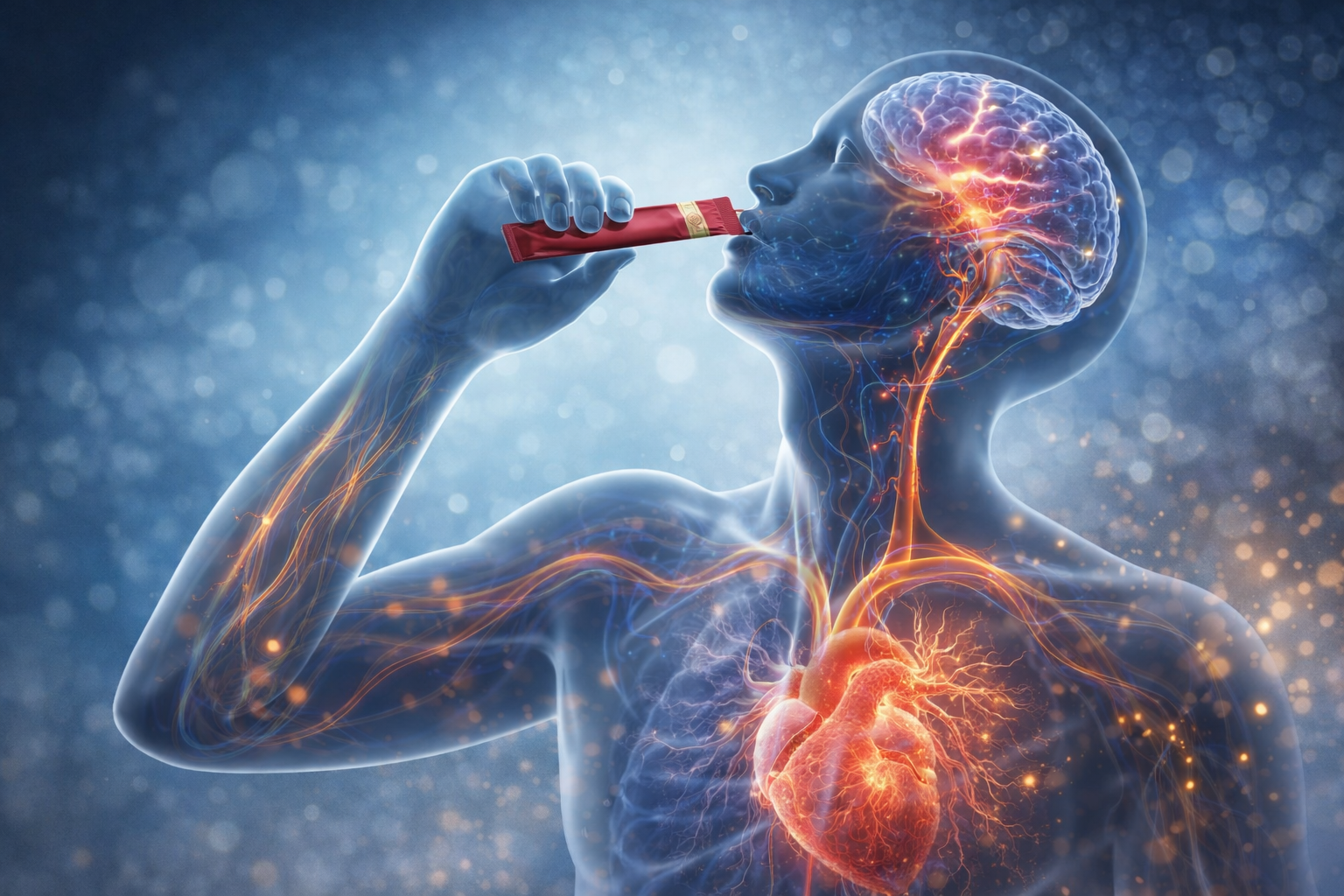A transparent human body illustration with visible brain, heart, and nervous system, drinking from a small red package.