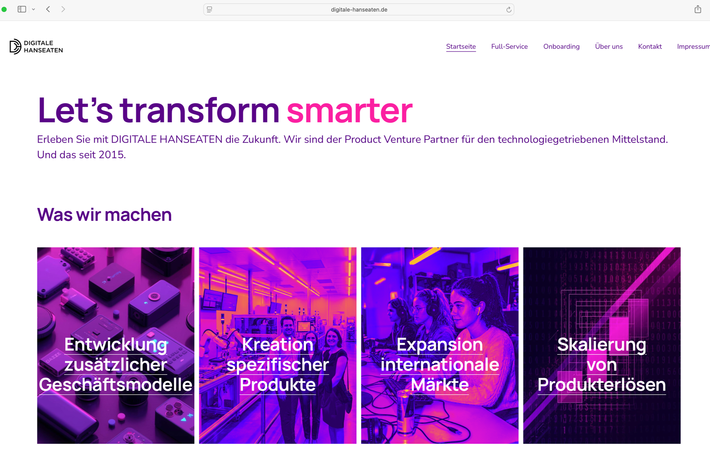 Screenshot der Webseite von DIGITALE HANSEATEN mit einer Überschrift "Let's transform smarter" und vier Bilder, die verschiedene Unternehmensbereiche zeigen: Entwicklung zusätzlicher Geschäftsmodelle, Kreation spezifischer Produkte, Expansion internationaler Märkte und Skalierung von Produktlösungen.