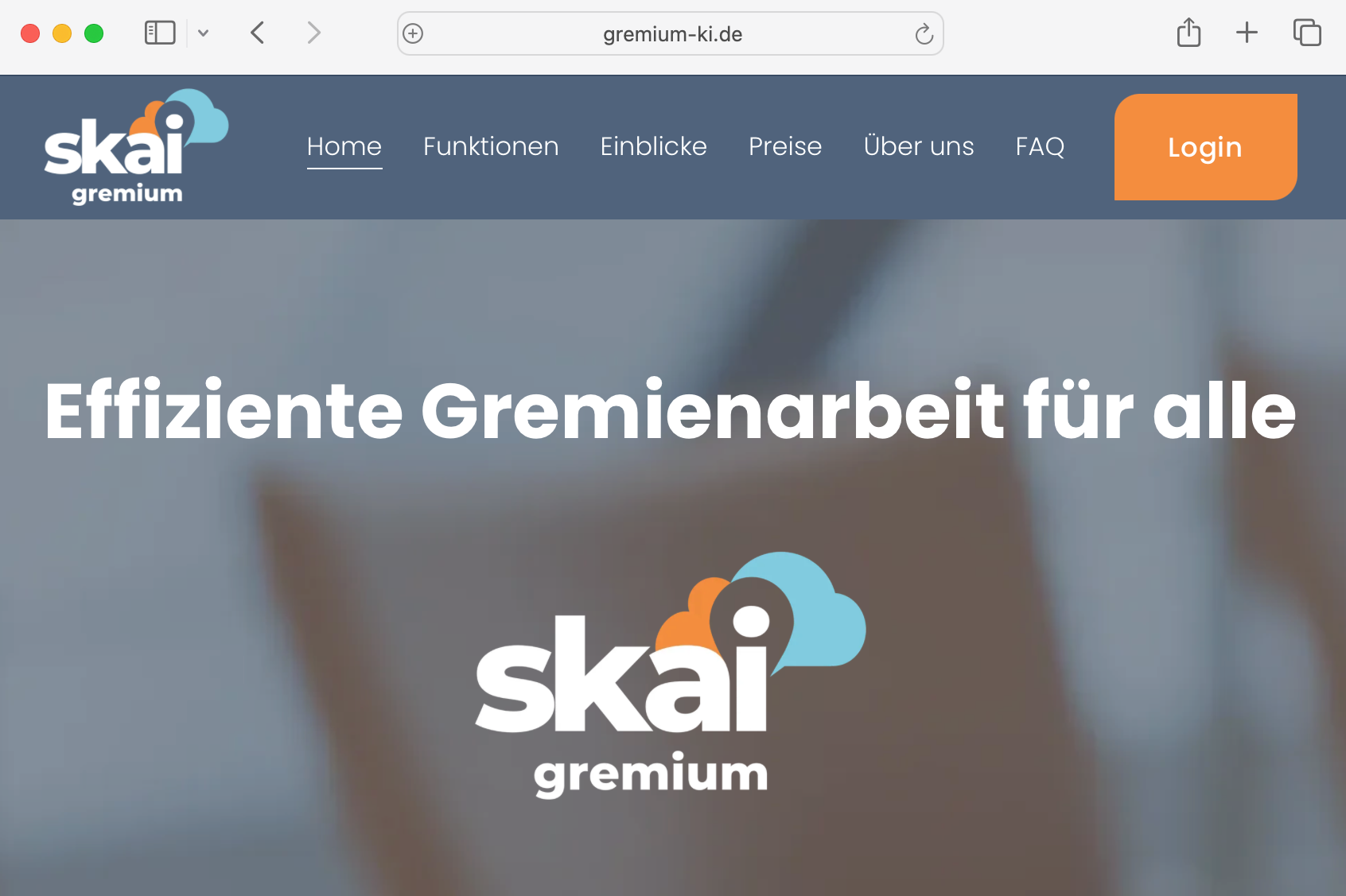 Screenshot der Webseite 'Skai Gremium' mit dem Slogan 'Effiziente Gremienarbeit für alle' und den Navigationslinks Home, Funktionen, Einblicke, Preise, Über uns, FAQ sowie einem Login-Button.