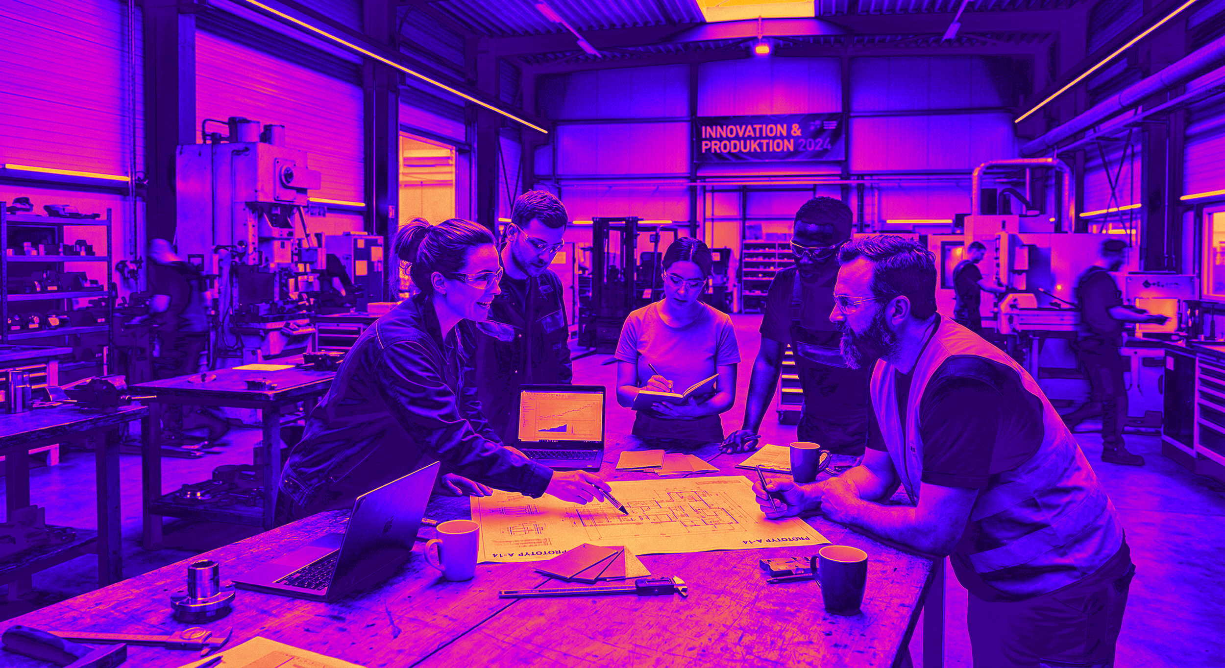 Team arbeitet an einem technischen Projekt in einer Werkstatt, mit Werkzeugen und Laptops auf einem Tisch, blau-violett beleuchtet.