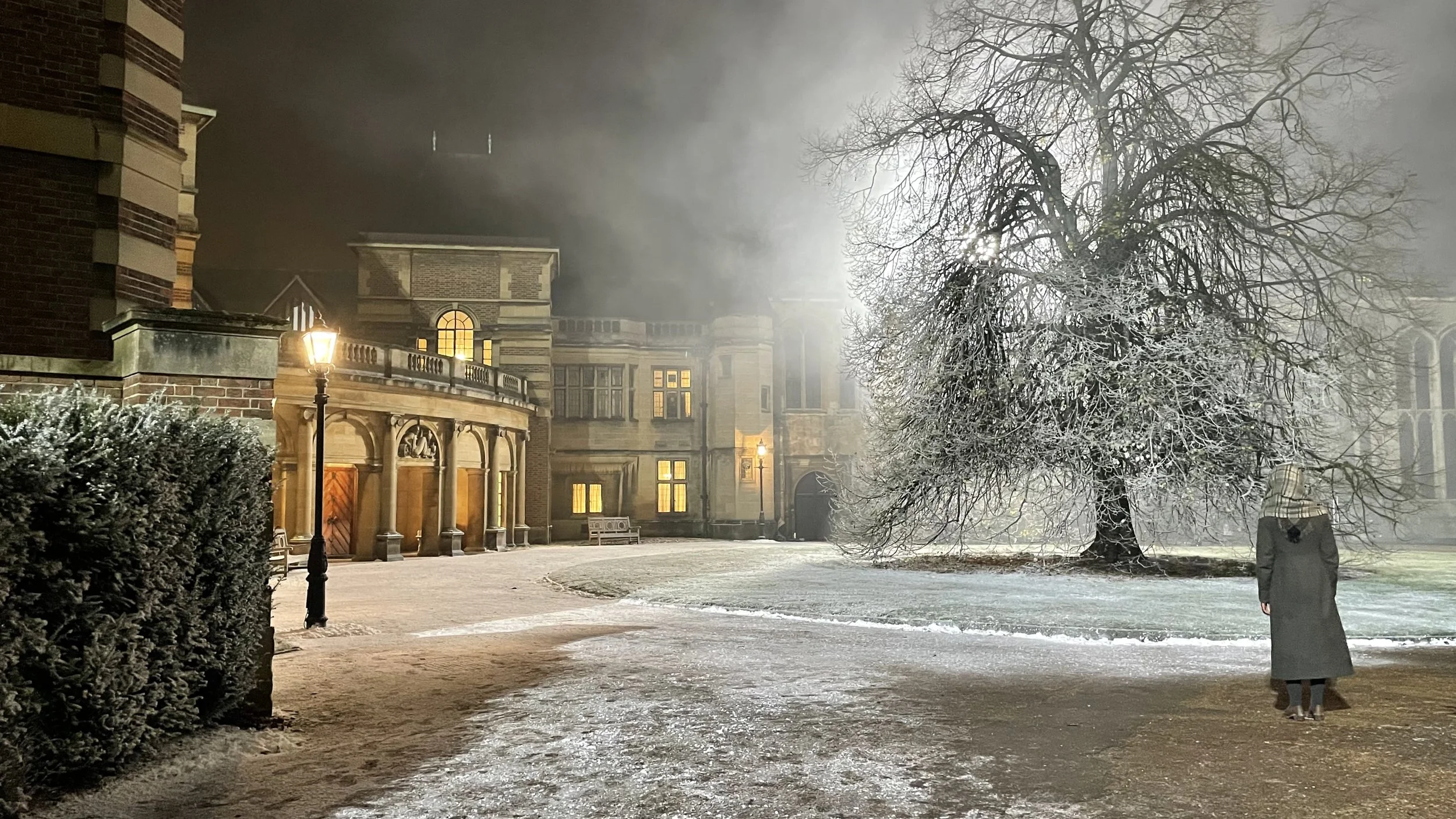 Nighttime scene with a person walking on a snow-covered pathway near a large snow-dusted tree, with illuminated windows of a grand building in the background.