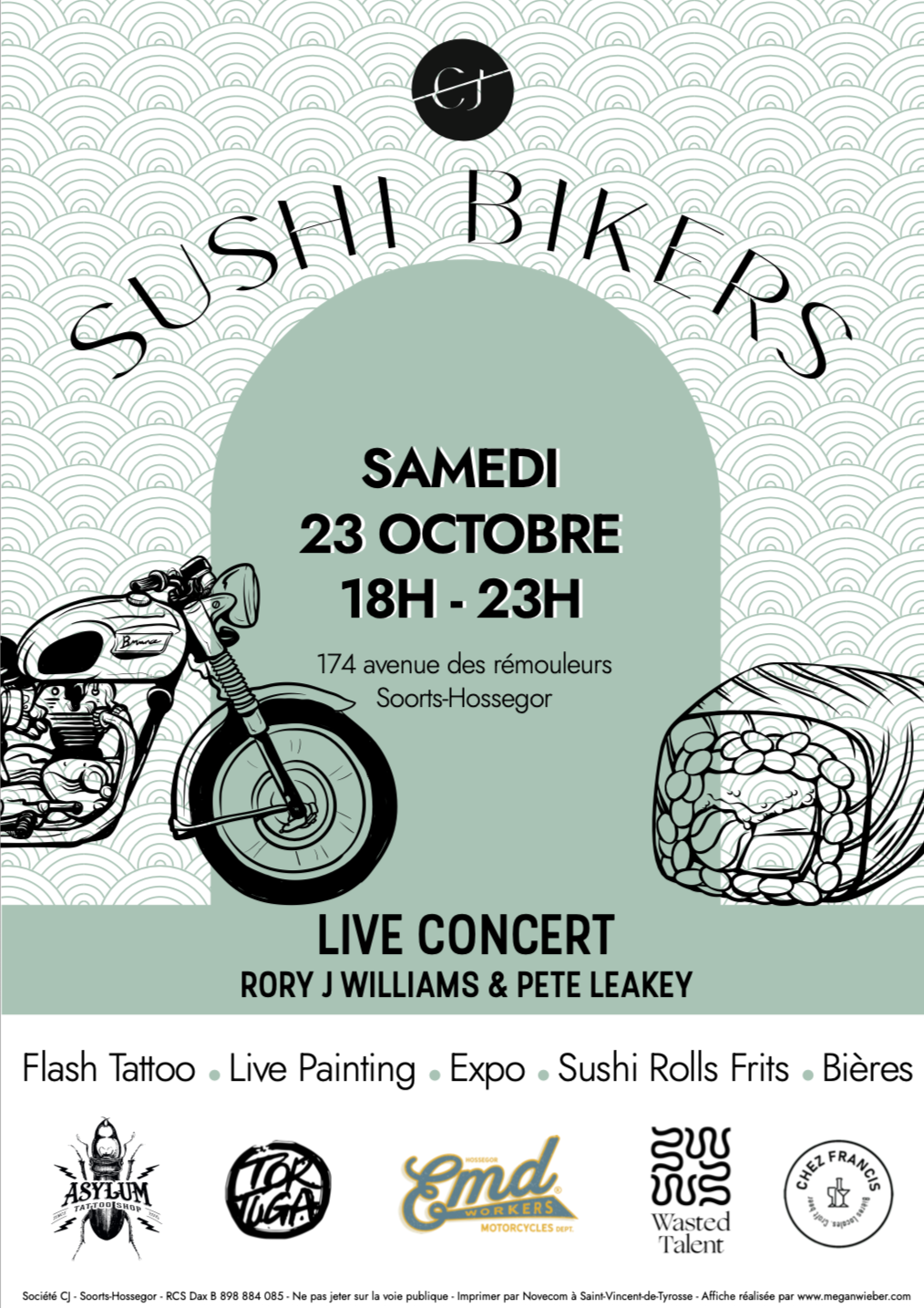 Affiche promotionnelle pour un événement de motos et culture sushi, avec images d'une moto et d'une boîte de sushi, détails du lieu, date, horaires, musique live et activités proposées.