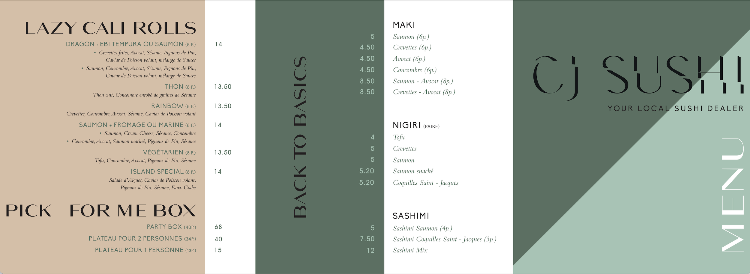 Menu de sushi avec différentes options telles que LAZY CALI ROLLS, PICK FOR ME BOX, TOP BASICS, et diverses options de sashimi et nigiri, avec prix indiqués.