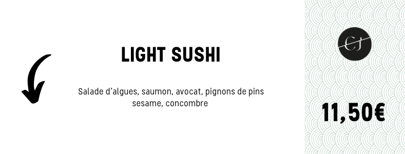 Menu de sushi léger avec une salade d'algues, saumon, avocat, pignons de pin, sésame, concombre, prix 11,50 €