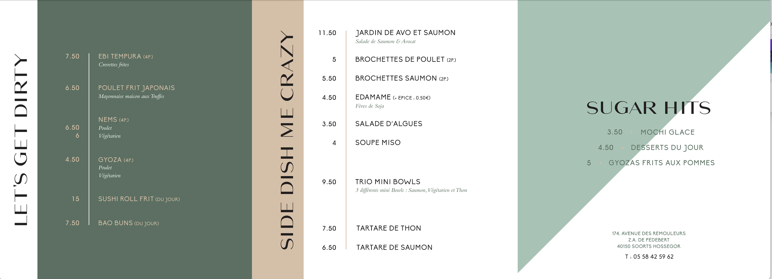 Menu de restaurant avec sections pour plats, sushi, plats de viande, et desserts, incluant des prix et descriptions en français.