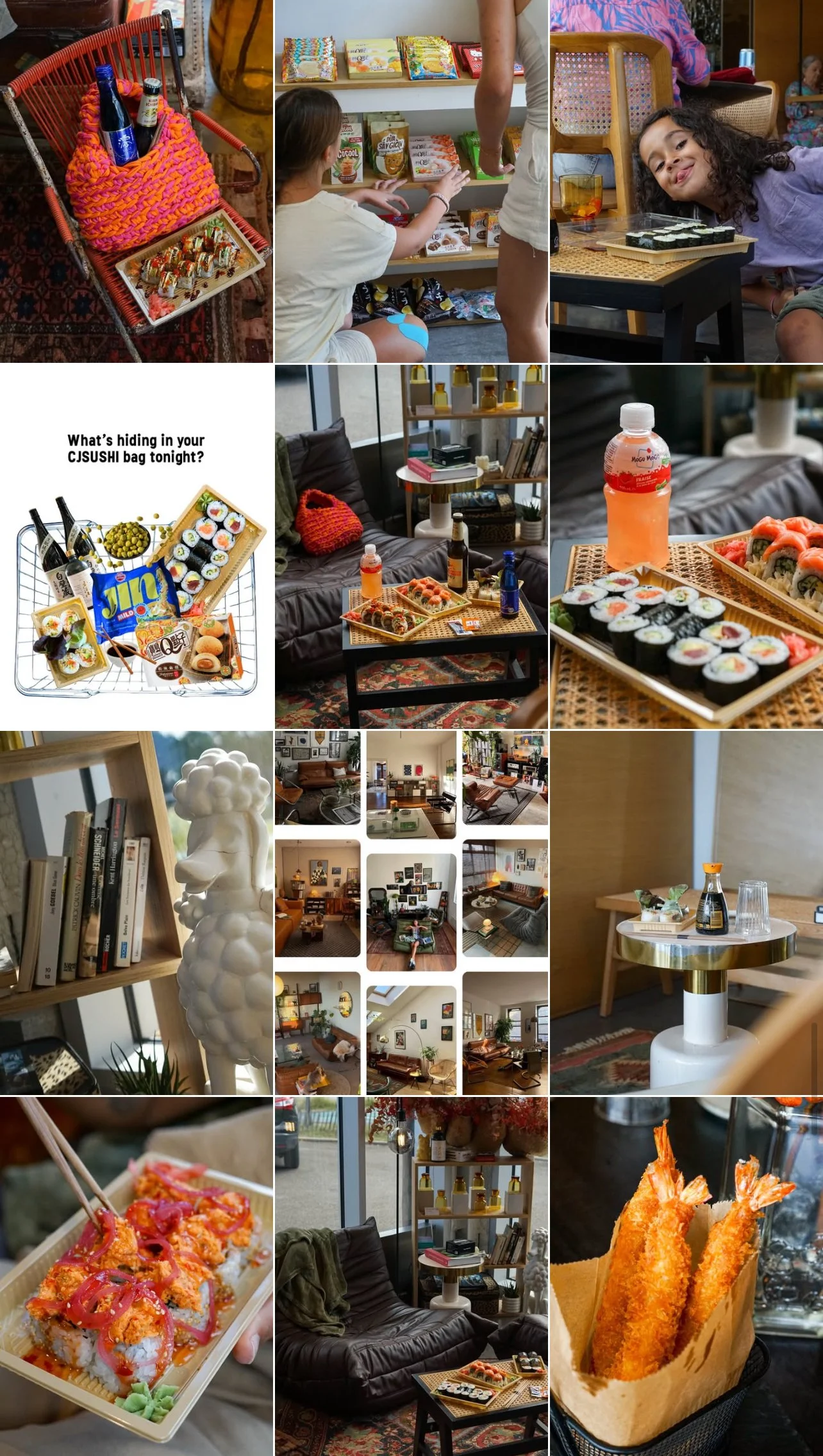 Une collection de photos montrant un intérieur accueillant avec des meubles modernes, des œuvres d'art, des snacks comme des sushi, des boissons et des plats comme des tempuras et des sushi, ainsi que des décorations artistiques et des espaces de détente.