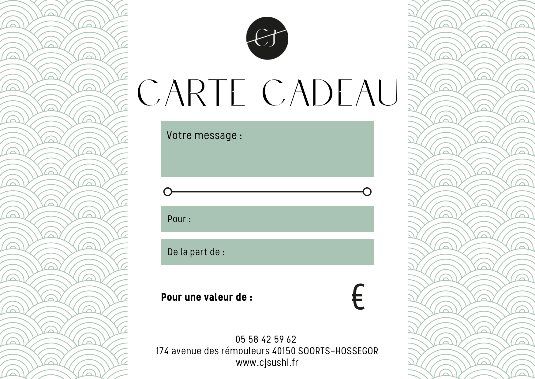 Carte cadeau avec motif de vagues en arrière-plan, logo en haut, zones de texte pour message, destinataire et expéditeur, et informations de contact en bas.