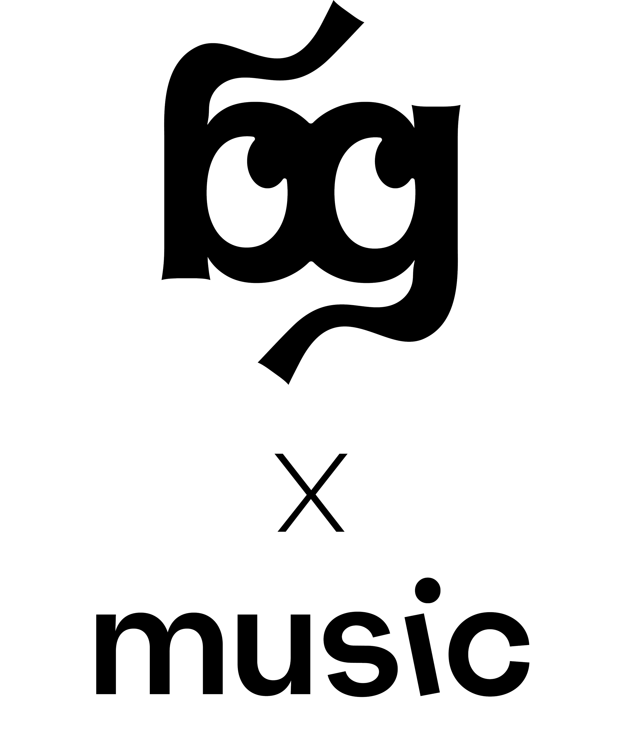 The Studio BlueGreen logomark - stylised letters 'bg', with eyes in the b and g, with "x music" below, in black on a transparent background.