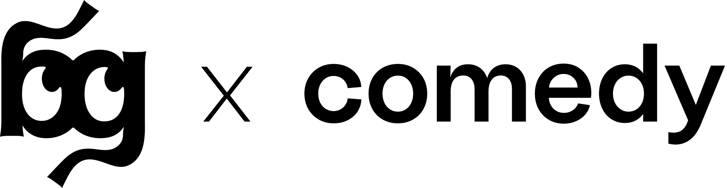 The Studio BlueGreen logomark - stylised letters 'bg', with eyes in the b and g, with "x comedy" next to it, in black on a transparent background.