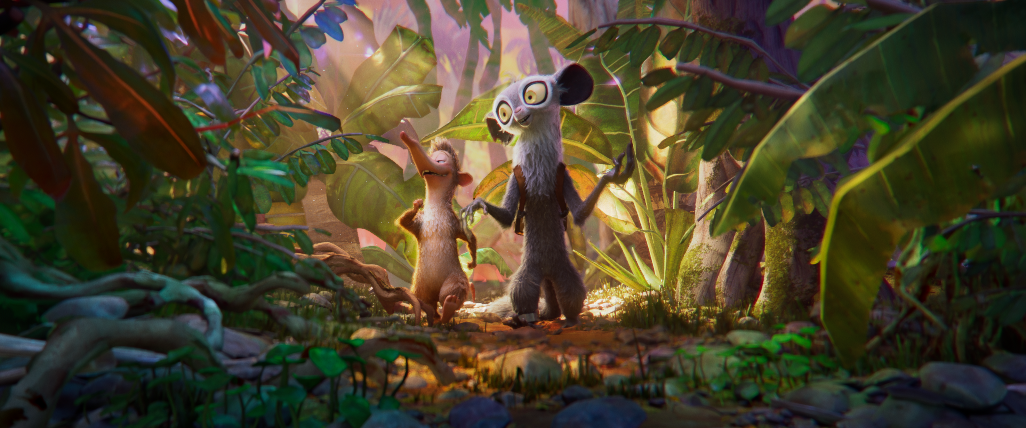 A still from an upcoming animated film showing an Aye-Aye and Cuban Solenodon walking through a lush jungle with large green leaves around them, sunlight filtering through the foliage.
