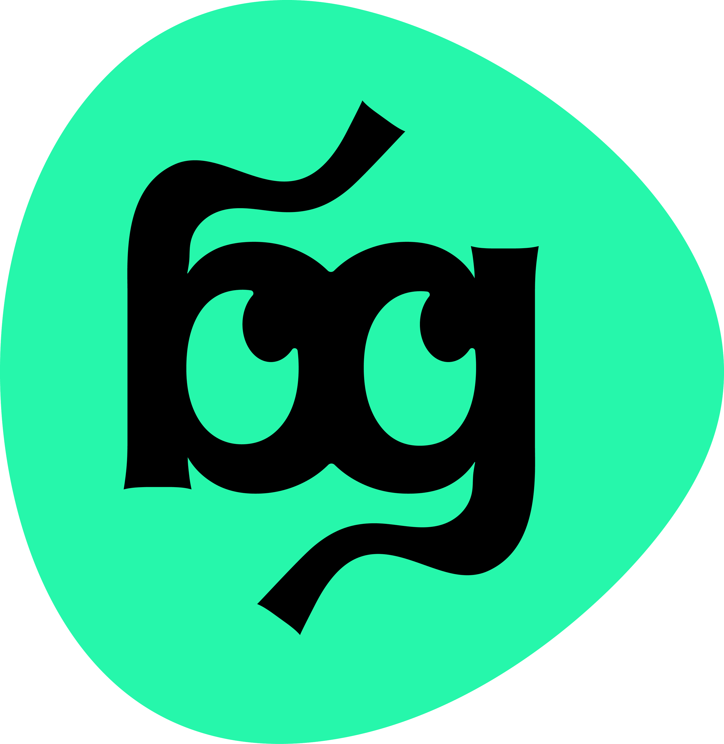 The Studio BlueGreen logomark - stylised letters 'bg', with eyes in the b and g, in black on a teal natural shape background.