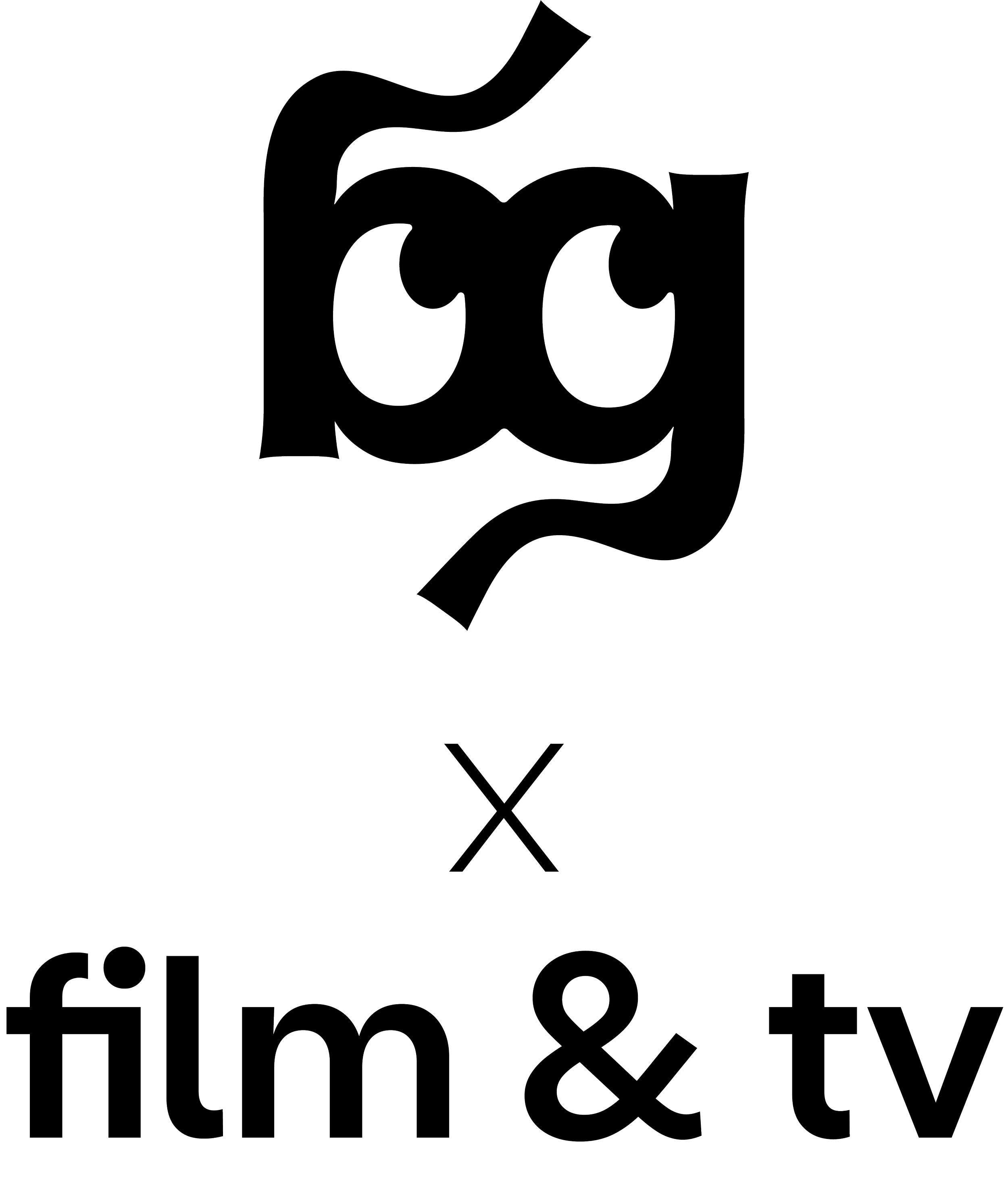 The Studio BlueGreen logomark - stylised letters 'bg', with eyes in the b and g, with "x film & tv" below, in black on a transparent background.