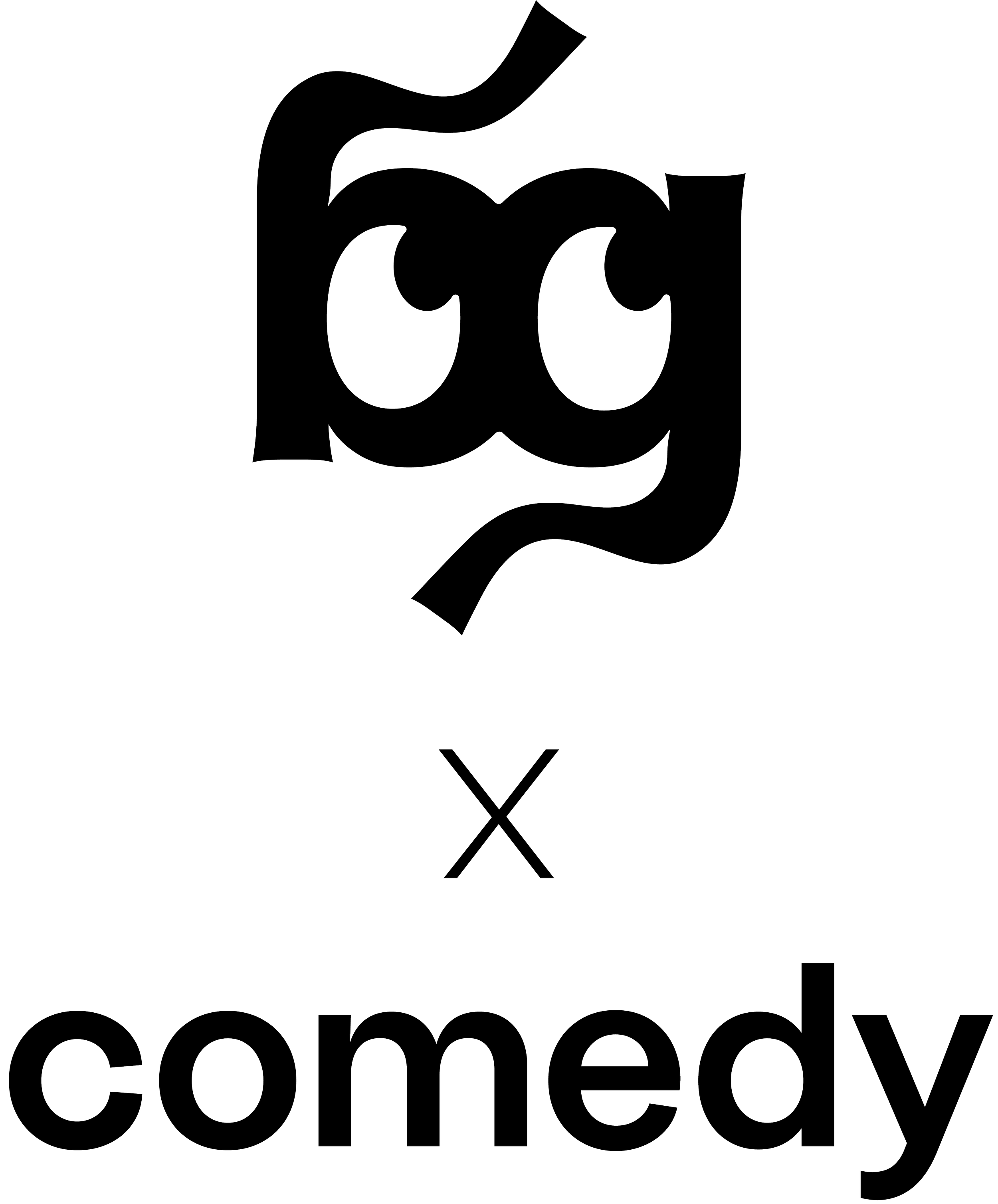 The Studio BlueGreen logomark - stylised letters 'bg', with eyes in the b and g, with "x comedy" below, in black on a transparent background.