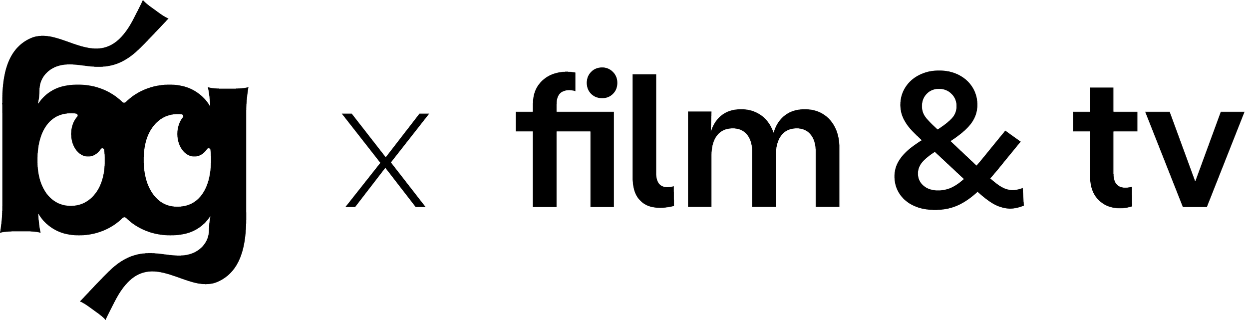 The Studio BlueGreen logomark - stylised letters 'bg', with eyes in the b and g, with "x film & tv" next to it, in black on a transparent background.