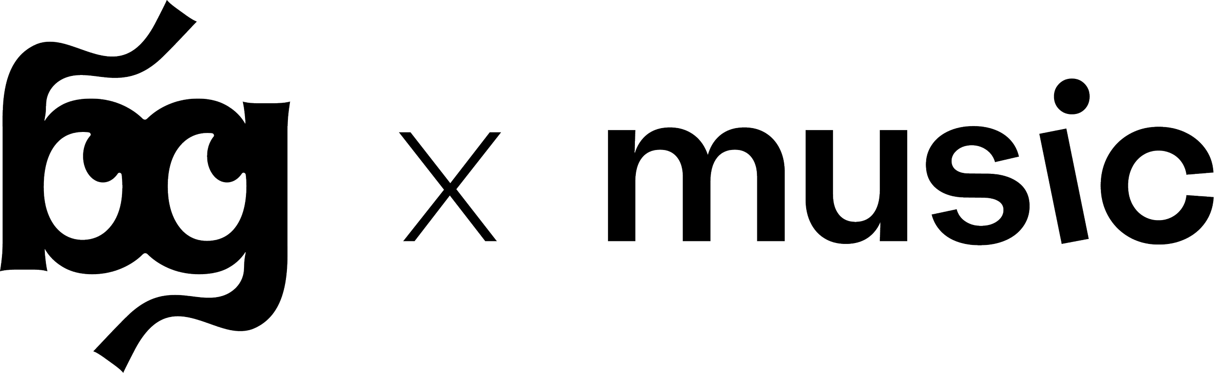 The Studio BlueGreen logomark - stylised letters 'bg', with eyes in the b and g, with "x music" to the right, in black on a transparent background.