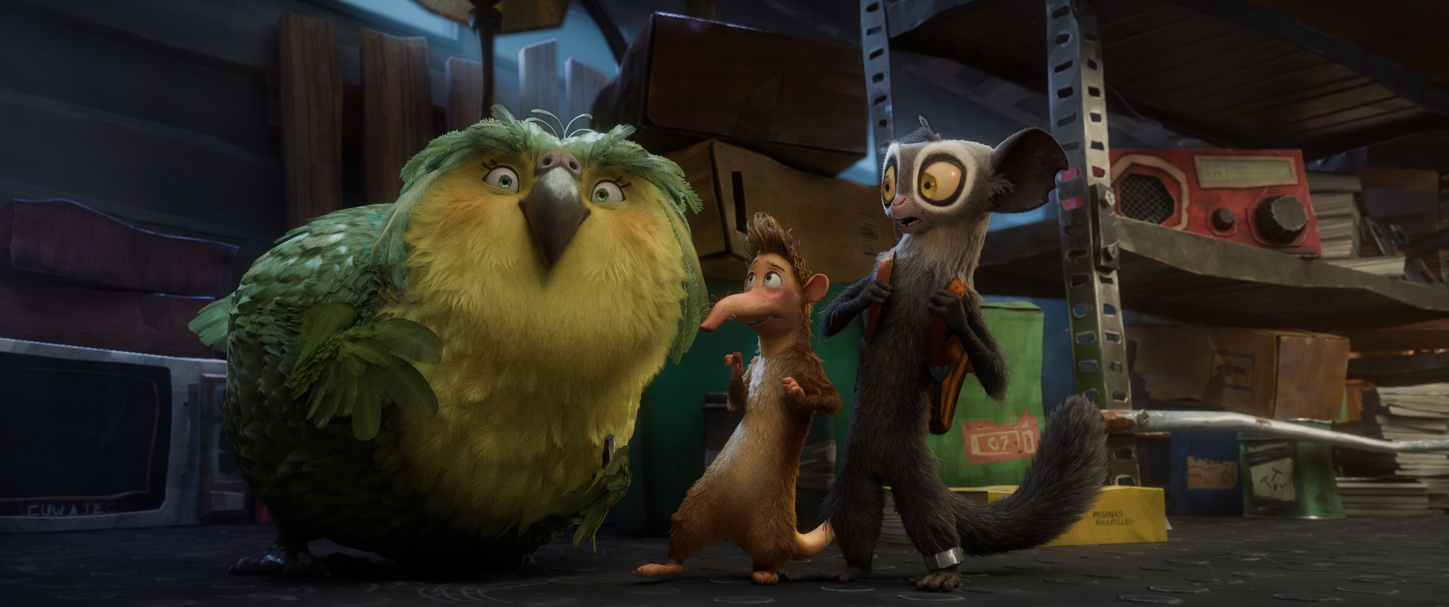 A still from an upcoming animated film showing a Kākāpō, Aye-Aye and Cuban Solenodon standing together in a cluttered storage room filled with shelves, boxes, and an old radio.