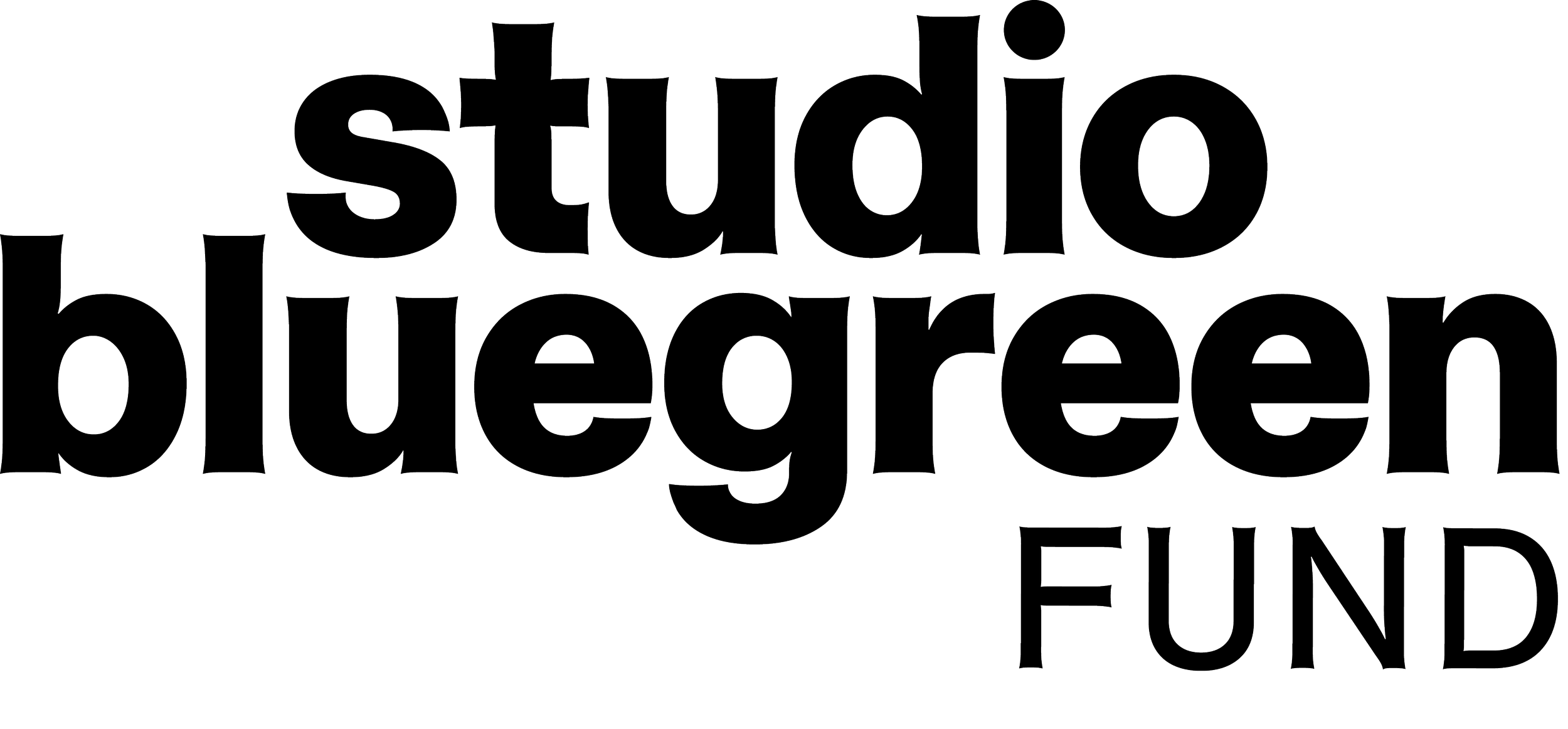Logomark for the Studio BlueGreen Fund. It has 'studio bluegreen' centered and over two lines in lower case bold font, with 'FUND' sitting below to the right in all capitals, regular weight. All in black on a transparent background.