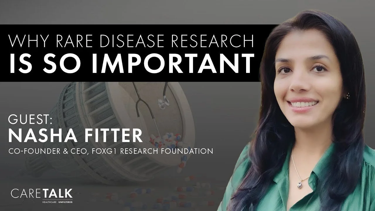 Image of Nasha Fitter, guest speaker, smiling, with a background of medication pills and a pill bottle, promoting a discussion on the importance of rare disease research.