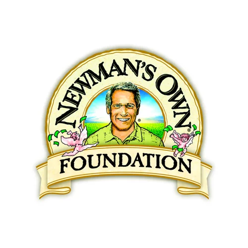 Logo of Newman's Own Foundation featuring a smiling man, pink flamingos, and a ribbon with the foundation's name.