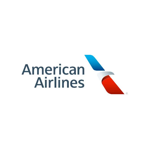 American Airlines logo with stylized airplane tail in blue, gray, and red next to the text 'American Airlines' in black.