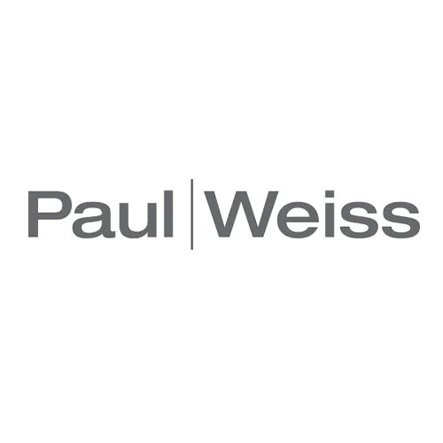 The logo shows the name Paul Weiss in gray text separated by a vertical line on a white background.