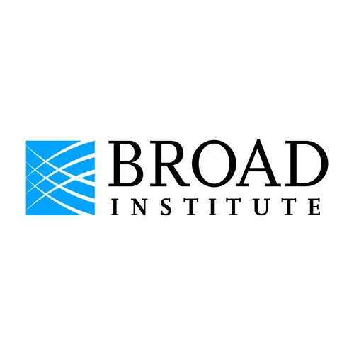 Broad Institute logo with a blue square featuring white abstract lines and black text reading 'BROAD INSTITUTE'.