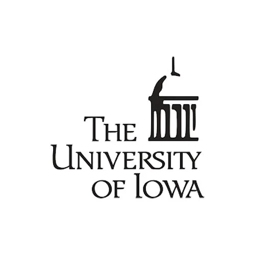 Logo of the University of Iowa featuring a stylized book and a clock tower