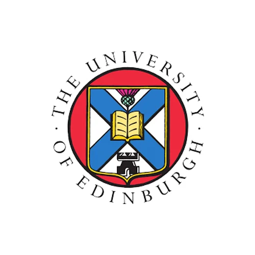 The emblem of the University of Edinburgh featuring an open book, a thistle, and a shield with blue and white diagonal stripes surrounded by a red circle with the university's name.