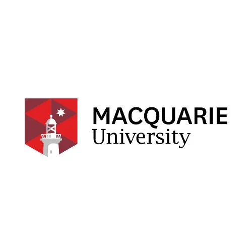 Macquarie University logo with a lighthouse, red geometric background, and an Australian star.