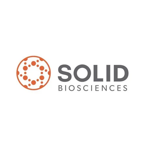 Solid Biosciences logo with a circular orange and white symbol consisting of dots and the company name in gray text.