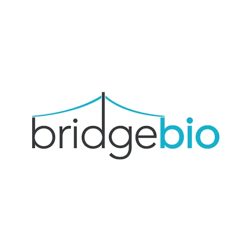 BridgeBio logo featuring a stylized bridge above the company name in black and blue text.