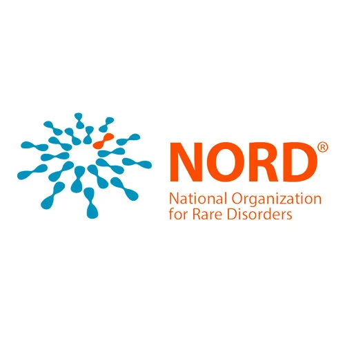 Logo of the National Organization for Rare Disorders, NORD, with a blue molecular-like structure and orange text.