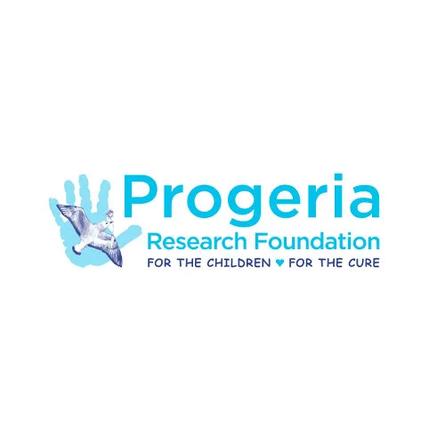 Progeria Research Foundation logo with a hand, a bird, and text emphasizing children and a cure.