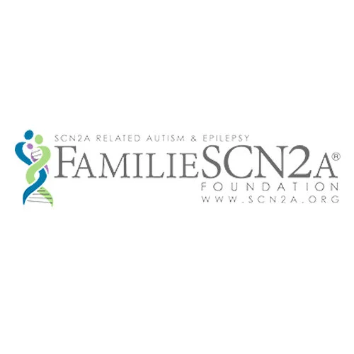 Logo of FamilesCN2 Foundation with an abstract DNA strand and colorful circles, and text indicating support for SCN2A related autism and epilepsy.