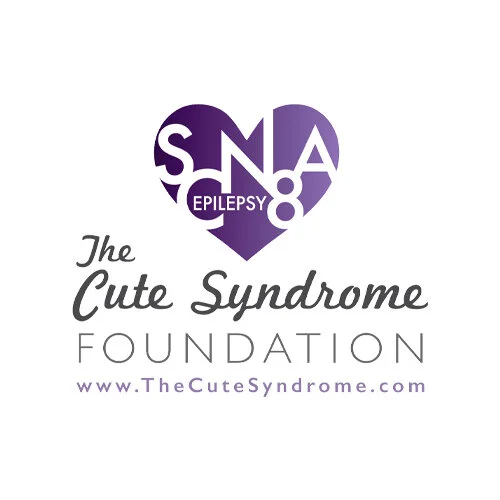 Logo of The Cute Syndrome Foundation, featuring a purple heart with 'SNA' and 'Epilepsy' inside, and text promoting the foundation.