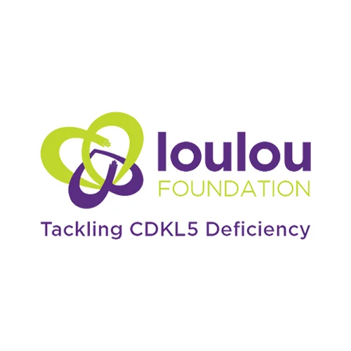 Logo of the Loulou Foundation with intertwined yellow and purple ribbons and the text "Loulou Foundation Tackling CDKL5 Deficiency".