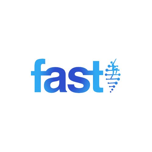 The word 'fast' in blue, with a stylized DNA double helix integrated into the letter 't'.