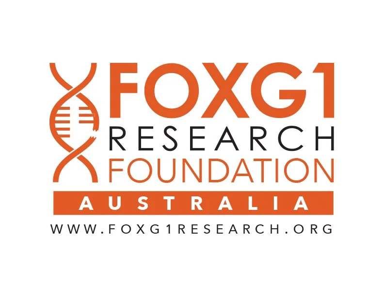 Logo for FOXG1 Research Foundation Australia with a DNA helix graphic and website URL.