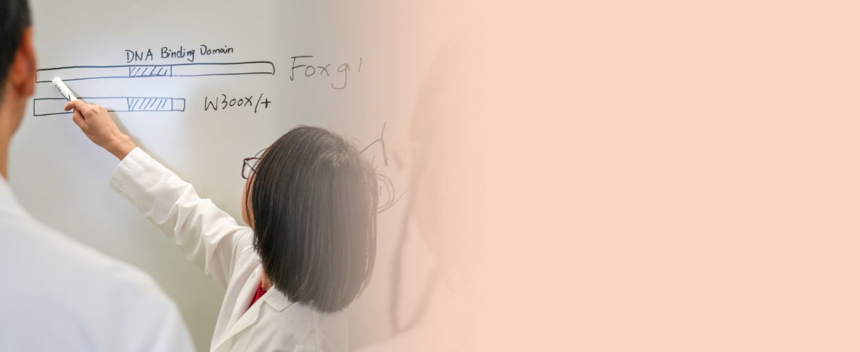 Scientists in lab coats discussing DNA topics on a whiteboard, with one person pointing at a diagram of DNA binding domains and labels.