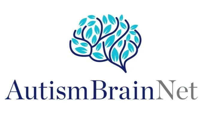 Logo with a stylized blue brain made of leaves above the text "Autism Brain Net."