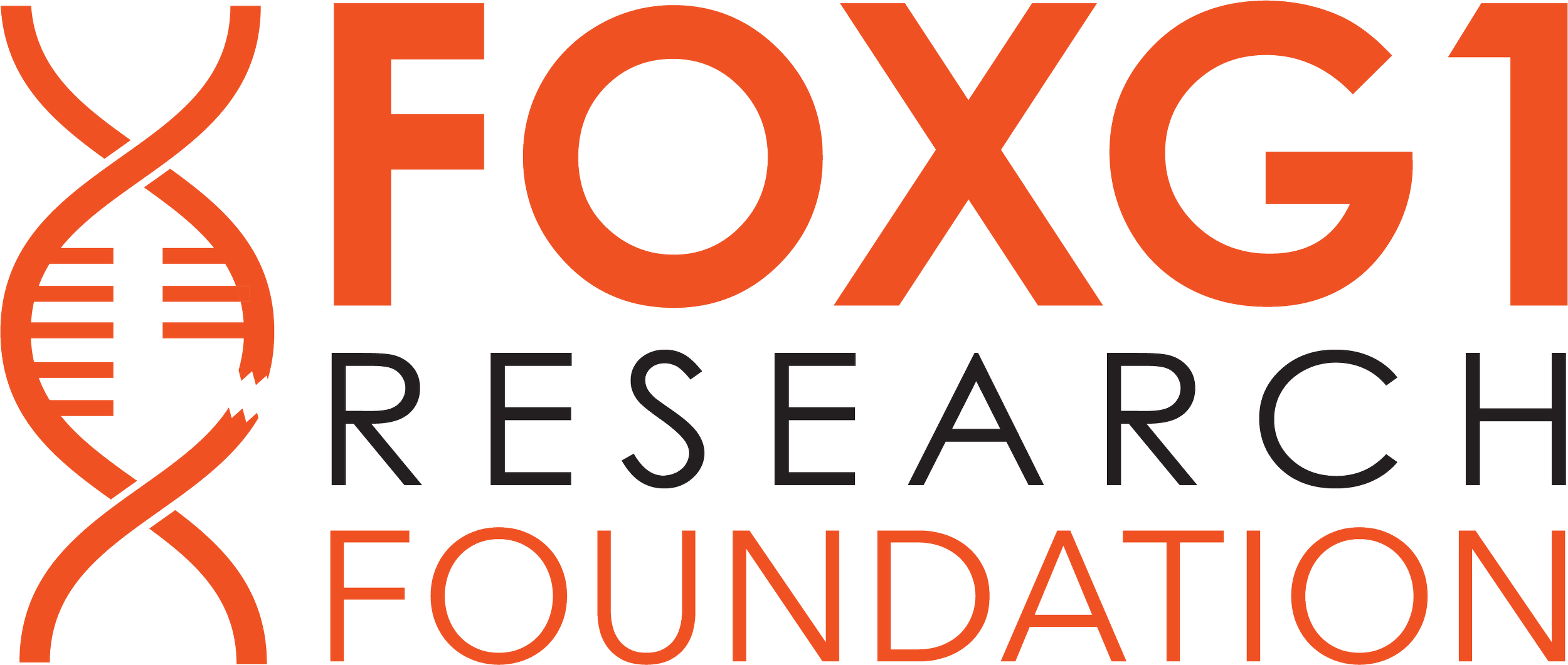 Logo of the FoxG1 Research Foundation with an orange DNA helix design on the left and the foundation's name in black and orange text.