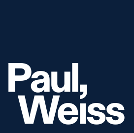 The image shows a logo with the text 'Paul, Weiss' in white on a dark background.