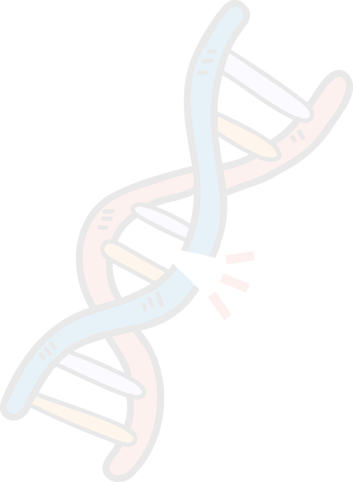 Illustration of a DNA double helix with a break and red arrows indicating a mutation or damage.