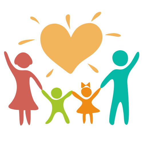 Illustration of a family of four holding hands in front of a large yellow heart with radiating lines, symbolizing love and togetherness.