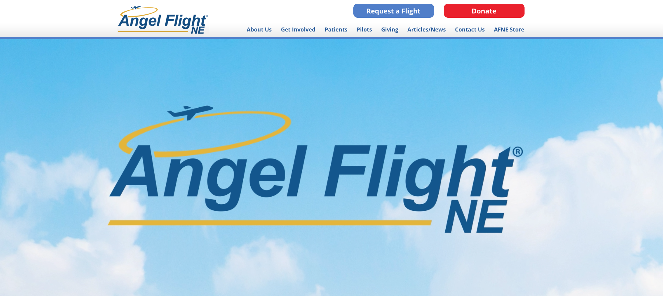 Website homepage for Angel Flight NE with a blue sky, clouds, and a small airplane flying over the logo