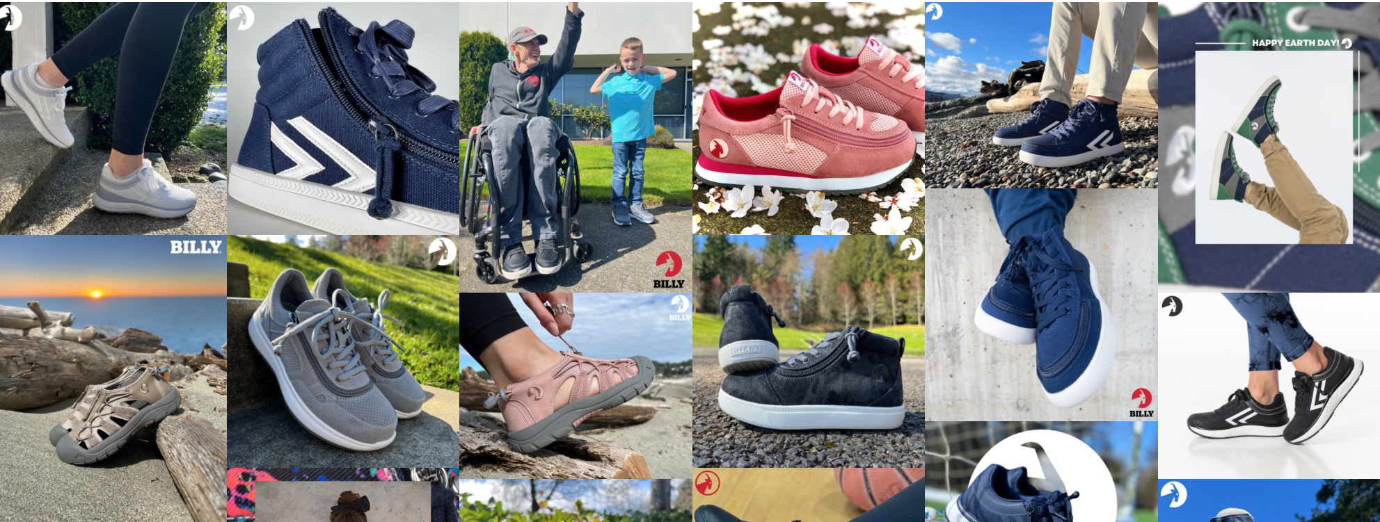 Collage of various sneakers and athletic shoes, including casual and outdoor styles, with some images showing shoes outdoors, near water, on rocky surfaces, and on grass. Some sneakers are paired with pants, and one image features a sunflower and a sunset.