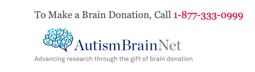 Text with contact number, Autism Brain Net logo, and tagline about research through brain donation.